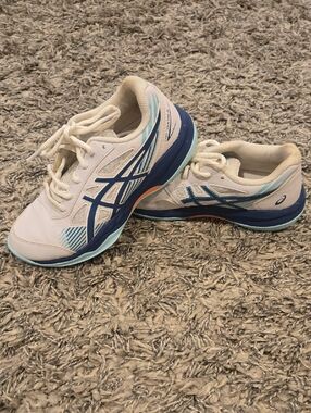 ASICS Kid's White, Navy, and Light Blue Athletic Shoes